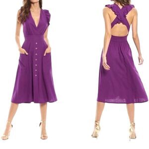Happy X Nature Linen Blend Midi Dress Womens Large Purple V-Neck Bohemian Button